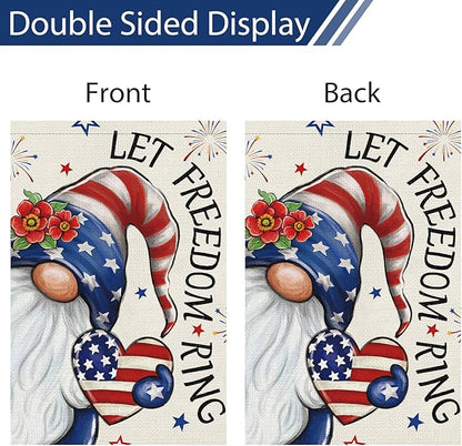 Heyfibro Let Freedom Ring Gnome Patriotic Garden Flag 12x18 Double Sided Burlap, 4th Of July Fireworks Red Flower Heart Pattern Yard Flags for Rustic Independence Day Outdoor Decor (ONLY FLAG)