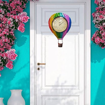 Metal Balloon Thermometer Indoor Outdoor Wall Art Decor, Colorful hot Balloon Plaque Sculpture Hanging Mounted for Living Room Bedroom Kitchen Workroom Patio, no Battery Required