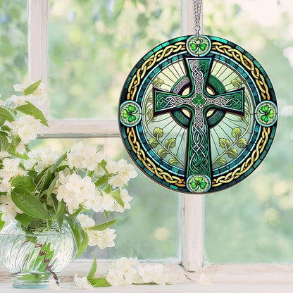 FLAGWIX St Patricks Day Decorations - Double Layered Hanging Suncatcher 6 in for Home Garden Decor - St Patricks Day Decorations, Celtic Cross Home Décor, Irish Gifts for Men Women Friends Family