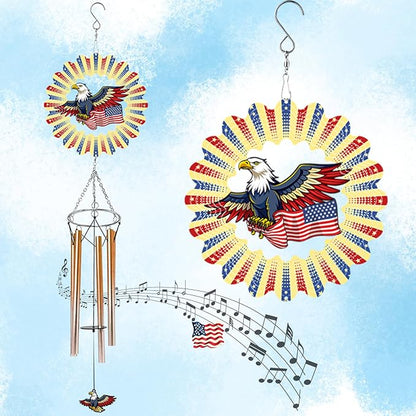 Wind Chimes with American Flag Eagle 3D Display Wind Spinner for Outside Garden Patio Yard Decor, Metal Windchimes Outdoor Hanging Decoration for Memorial Day Independence Day Patriotic