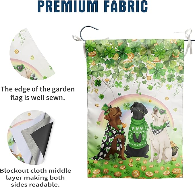 St Patricks Day Dog Garden Flag 12x18 Double Sided Outside White Chocolate Black Lab Yard Signs Labrador Banner for Saint Patrick Spring Outdoor Decorative