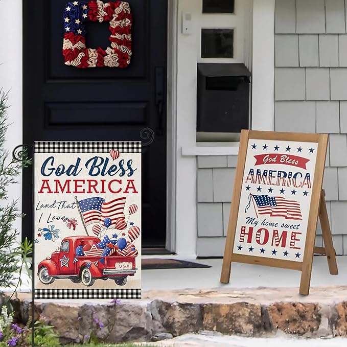 4th of July Garden Flags for Outside,Patriotic American Truck with Buffalo Plaid Small Yard Flags for Outdoor, Memorial Day Decorations for Holiday Summer 250th USA Anniversary 12x18 Inch Double Sided