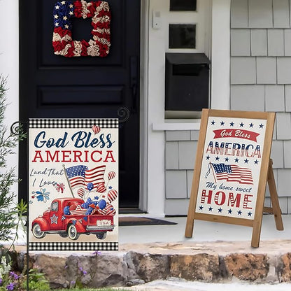 4th of July Garden Flags for Outside,Patriotic American Truck with Buffalo Plaid Small Yard Flags for Outdoor, Memorial Day Decorations for Holiday Summer 250th USA Anniversary 12x18 Inch Double Sided