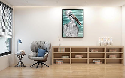 SYGALLERIER Metal Wall Art - Handcrafted Pelican Birds on 24x16 inch Aluminum Panel Coastal and Beach Theme - Light Blue Living Room, Bedroom, Bathroom Decor
