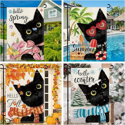 Black Cat Garden Flags for Outside Set of 12, Kitten Welcome Seasonal Garden Flags 12x18 Double Sided for All Seasons and Holidays, Fall Halloween Winter Christmas Yard Flag for Outdoor Decor