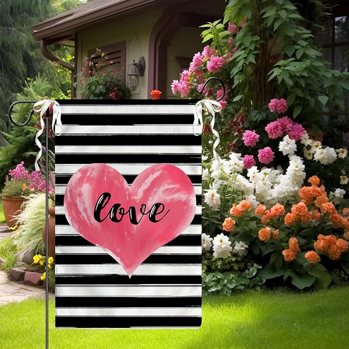 Love Heart Garden Flag Valentines Day Strips Yard Flag Outside Double Sided Anniversary Wedding Burlap Garden Flags Pink Love House Banner for Outdoor Valentine Decor 12x18 Inch