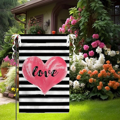 Love Heart Garden Flag Valentines Day Strips Yard Flag Outside Double Sided Anniversary Wedding Burlap Garden Flags Pink Love House Banner for Outdoor Valentine Decor 12x18 Inch