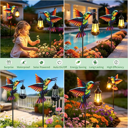2 Pack Solar Lights Outdoor Waterproof Hummingbird Decorative, 31in Metal Hummingbird Garden Stakes with Solar Lanterns for Yard Art Outside Patio Porch Lawn, Gifts for Women Mom Grandma Mother's Day
