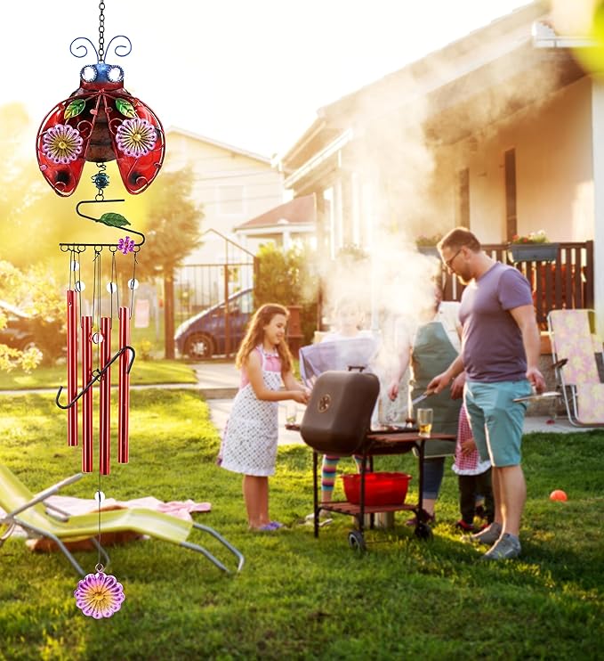 CoTa Global Ladybug Wind Chime - Handmade Glass and Metal Chime - Bug Wild Life Hanging Decor - Colorful Home Decor Gift, Indoor and Outdoor Hanging Decoration For Porch, Patio, and Garden - 33.5 Inch