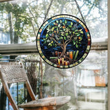 Stained Glass Window Hanging Green Life Tree Berry Book Large 15" - Blue Suncatcher Door Garden Sun Catcher Home Decor Birthday Christmas for Mom Men Woman Nana Friend