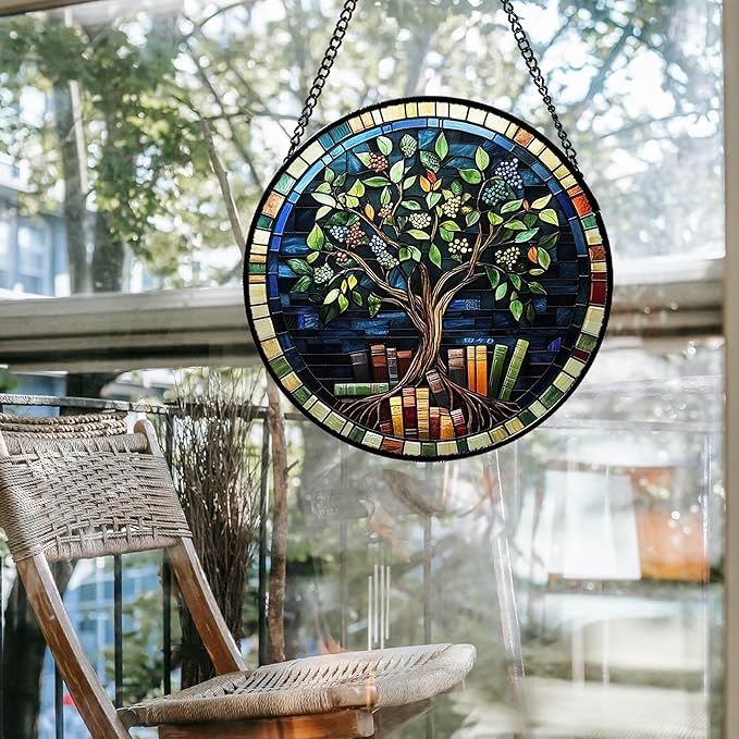 Stained Glass Window Hanging Green Life Tree Berry Book Large 11.8" - Blue Suncatcher Door Garden Sun Catcher Home Decor Birthday Christmas for Mom Men Woman Nana Friend