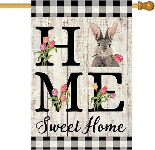 ORTIGIA Easter Bunny House Flag Double Sided 28x40 Inch Burlap Rabbit Spring Tulip Home Sweet Home Large Flag for Yard Holiday Seasonal Outdoor Outside Porch Decoration