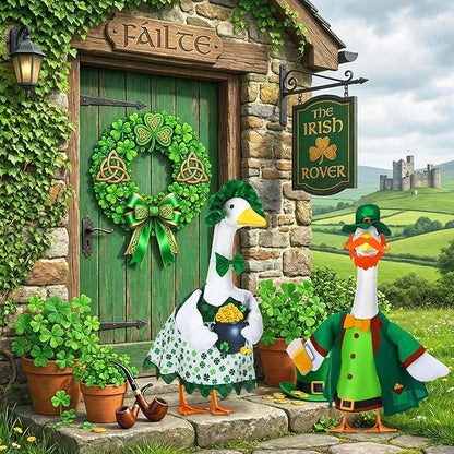 Abbylike 2 Sets St Patrick's Day Porch Goose Outfit Lucky Leprechaun Shamrock Goose Clothes Costume with Mini Black Candy Cauldron Clover for 23" Statue Saint Patty's Day Outdoor Patio Yard Lawn Decor