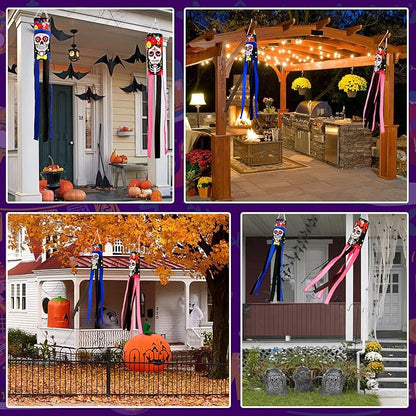 NOVWANG 2 Pcs Day of The Dead Windsocks, Dia de Los Muertos Wind Socks Day of The Dead Hanging Windsock Flag Decoration for Garden Yard Porch Backyard Patio Decor