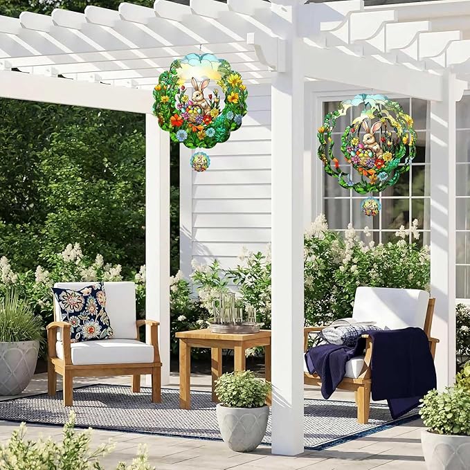Easter Bunny Wind Spinners Outdoor Hanging Ornament Gifts, 12 inch 3D Eggs Easter Wind Kinetic Sculpture for Outdoor & Indoor, Yard Art, Garden Decoration