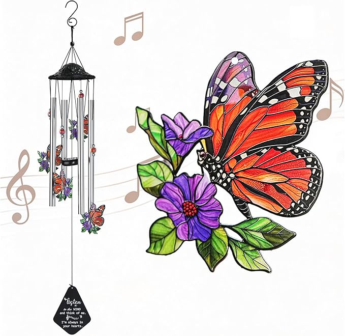 HDCRYSTALGIFTS 34'' Butterfly Wind Chimes Outdoor Large, Butterflies Aluminum Tube Memorial Windchime for Outside with S Hook,Patio Home Garden Decor, Sympathy Gifts for Loss of Loved One