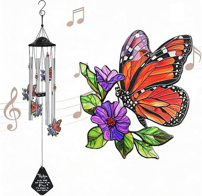 HDCRYSTALGIFTS 34'' Butterfly Wind Chimes Outdoor Large, Butterflies Aluminum Tube Memorial Windchime for Outside with S Hook,Patio Home Garden Decor, Sympathy Gifts for Loss of Loved One