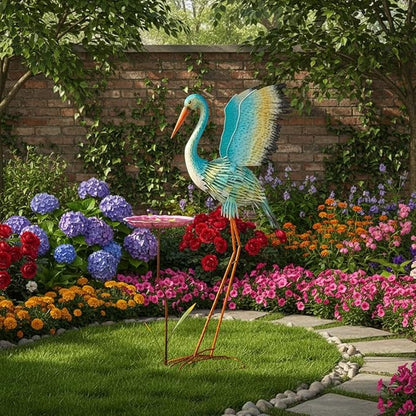 39“ Metal Heron Bird Statue with Pink Birdbath, Garden Statue Decor Yard Art for Lawn, Backyard - Unique Animal Figurine for Birthday, Housewarming, Christmas