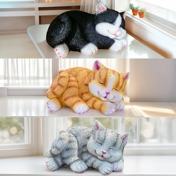 Sleeping Grey Tabby Garden Statue - Resin Realistic Mini Cat Sculpture, Pet Loss Memorial Stone, for Cat Lovers, Indoor/Outdoor Decor, Animal Figurine for Yard Ornaments