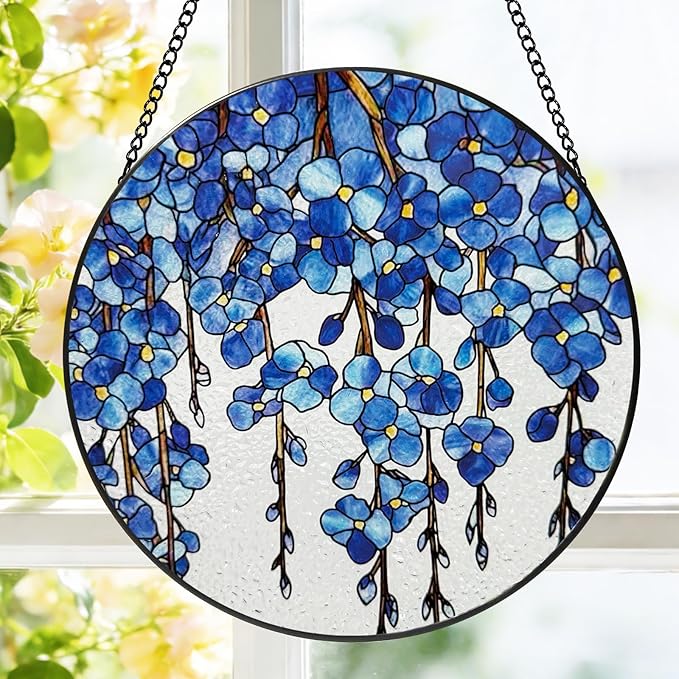 Stained Glass Window Hanging, 8 Inch Forget Me Not Flower Suncatcher, Sun Catchers Indoor Window, Blue Floral Suncatchers for Windows Hanging, Spring Home Garden Decor Panel Gifts for Mom Grandma Wife