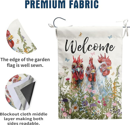 Floral Chicken Garden Flag Spring Summer Yard Flag Flower Rooster Farmhouse Garden Flags for Outside Small Outdoor Welcome Flags 12x18 Double Sided Chicken Coop Decor