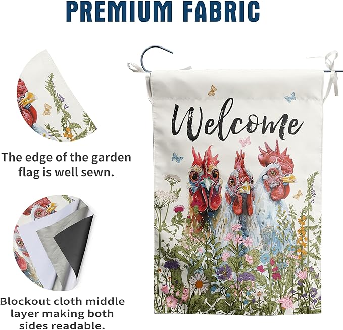 Floral Chicken Garden Flag 28x40 Double Sided Flower Rooster Farmhouse Yard Flag for Outside Welcome Decor