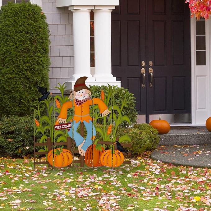 Glitzhome 5-Piece Modular Yard Stake Set, 41.5 Inch Scarecrow & Corn Fall Decor - Rust-Proof Metal Farmhouse Outdoor Decor for Thanksgiving Harvest