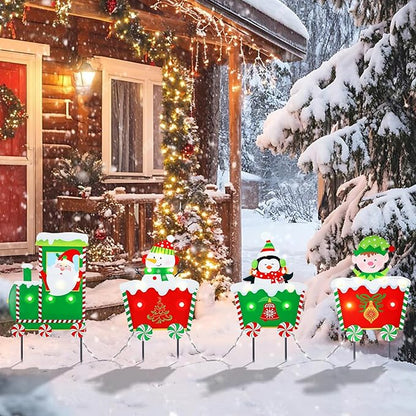 WONDER GARDEN Christmas Yard Stakes, 4 PCS LED Light Christmas Train Decor with Santa Claus, Snowman, Penguin and Elf Yard Signs Yard Decorations for Lawn Decorations