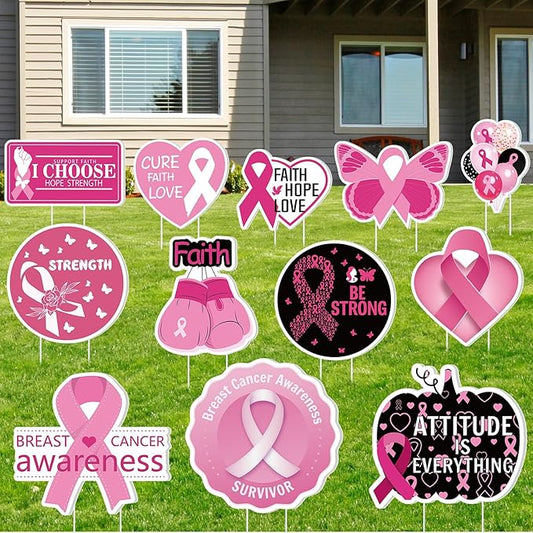 Amyhill 12 Pcs Breast Cancer Awareness Yard Signs for Outdoor Pink Ribbon Garden Lawn Signs Decoration with Stakes Waterproof Decor Gifts for Women Festive Holiday Party Patio Lawn Walkway Decoration
