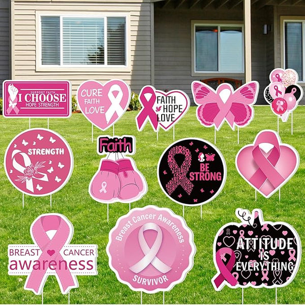 Amyhill 12 Pcs Breast Cancer Awareness Yard Signs for Outdoor Pink Ribbon Garden Lawn Signs Decoration with Stakes Waterproof Decor Gifts for Women Festive Holiday Party Patio Lawn Walkway Decoration