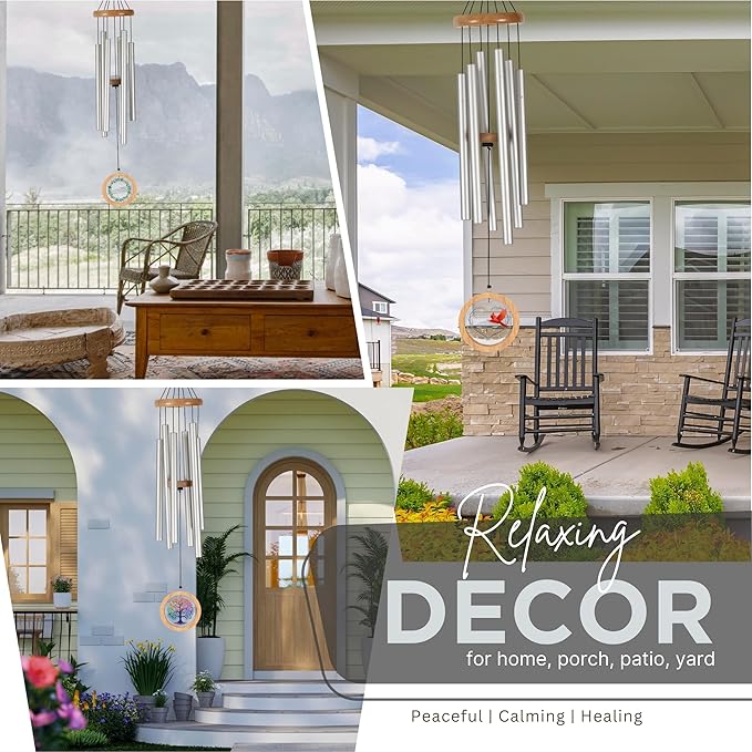 Wind Chimes for Outside, Wind Chimes Outdoor Clearance, Deep Tone Outdoors, Wreath of Leaves Wind Chime, Memorial, Sympathy Gift, Patio, Porch, Home Décor, Modern, Acrylic Art, Silver (34" Wreath)