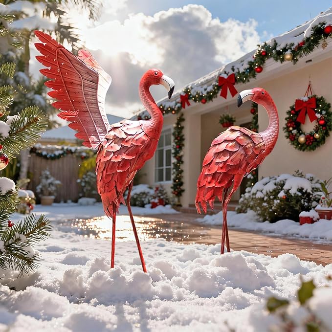 Natelf Flamingos Garden Statues Small Outdoor Decor, Set of 2 Metal Yard Art with Spread & Folded Wings, Weather-Resistant Pink Flamingo Lawn Sculpture for Patio, Backyard - Gift for Women, Mom
