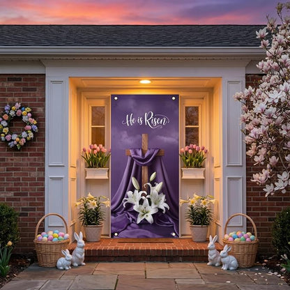 He Is Risen Easter Door Cover Decorations 35x71 Inch - Premium Religious Cross Church Banners with White Lilies, Purple Resurrection Sunday Decorative Porch Sign for Holy Week Home Outdoor Lent Decor