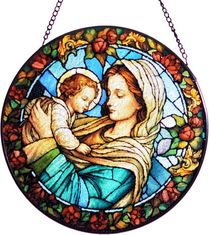 Virgin Mary and Baby Jesus Stained Glass Window Hanging, 8''/20CM Suncatchers for Windows Christian Decorative Hanging Ornaments Stained Glass for Chirstmas Suncatcher Window Panel Gift Home Decor
