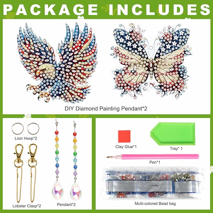 2pcs Diamond Art Painting Wind chime with Crystal pendant, DIY Eagle and Butterfly Double-sided design Special Shape Acrylic Crystal Diamond Art Ornament, Home Window Garden Hanging Pendant Decoration