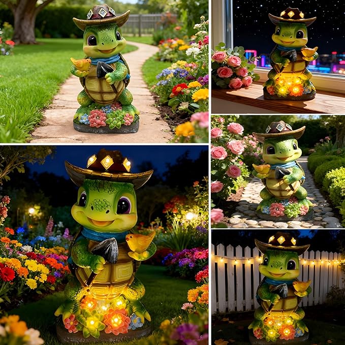 Solar Turtle Garden Decor, Animal Statue Lights for Outdoor, Mothers Day Mom Gifts, Thanksgiving, Birthday, Fairy Garden Accessories,Patio,Yard,Balcony Decorations, Lawn Ornament, Housewarming