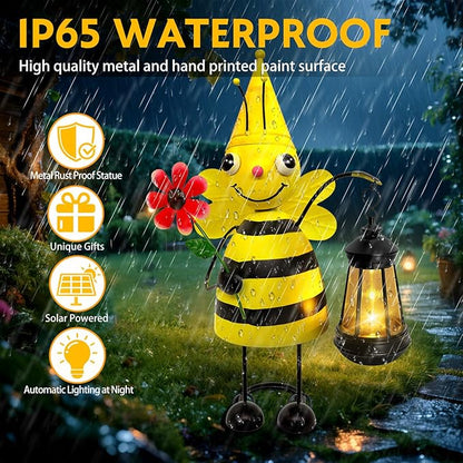 Garden Decor Bee Solar Statues,Unique Garden Statues Bee with Solar Lantern Waterproof, Birthday Gifts for Women Mom Grandma, Front Patio Balcony Yard Art Lawn Ornaments Porch Outdoor Decoration