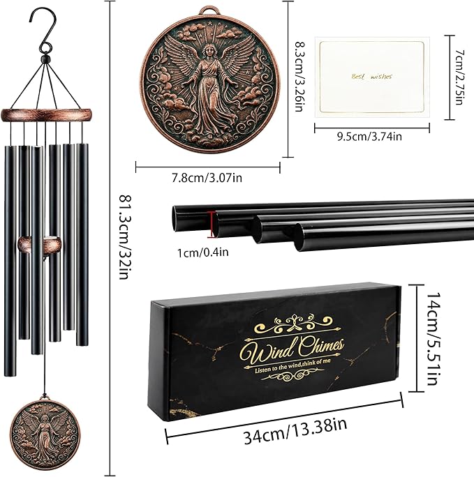 Angel Wind Chimes for Outside, Memorial Sympathy Gifts for Loss of Loved One, Deep Tone Windchime with 3D Embossed Guardian Angel Design for Garden Patio Porch Yard Décor