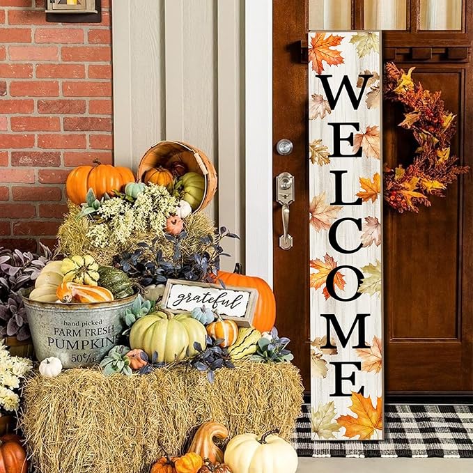 Fall Porch Sign Autumn Maple Leaf Welcome Sign Vertical Standing Sign For Front Porch Decor Farmhouse Wall Hanging for Patio Yard Party Indoor Outdoor Thanksgiving Decoration 47.2"H