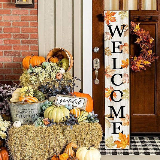 Fall Porch Sign Autumn Maple Leaf Welcome Sign Vertical Standing Sign For Front Porch Decor Farmhouse Wall Hanging for Patio Yard Party Indoor Outdoor Thanksgiving Decoration 47.2"H
