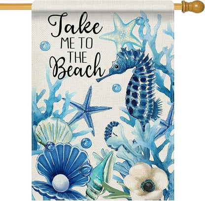 Dyrenson Summer Take Me To The Beach 28 x 40 House Flag Double Sided, Coastal Seahorse Starfish Shell Coral Garden Yard Decoration, Anemone Seasonal Burlap Outdoor Decor Decorative Large Flag