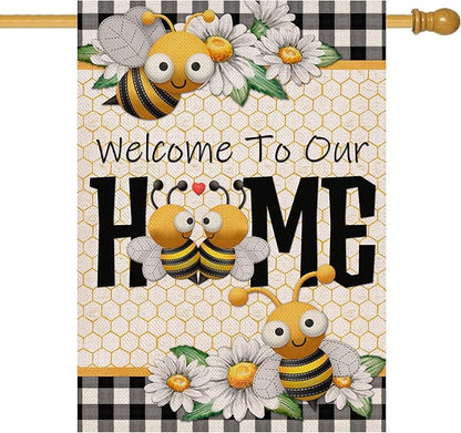 Furiaz Welcome to Our Home Bumble Bee Spring Summer Decorative Large House Flag, Buffalo Plaid Check Daisy Home Outside Garden Yard Decorations, Farmhouse Burlap Outdoor Decor Double Sided 28x40