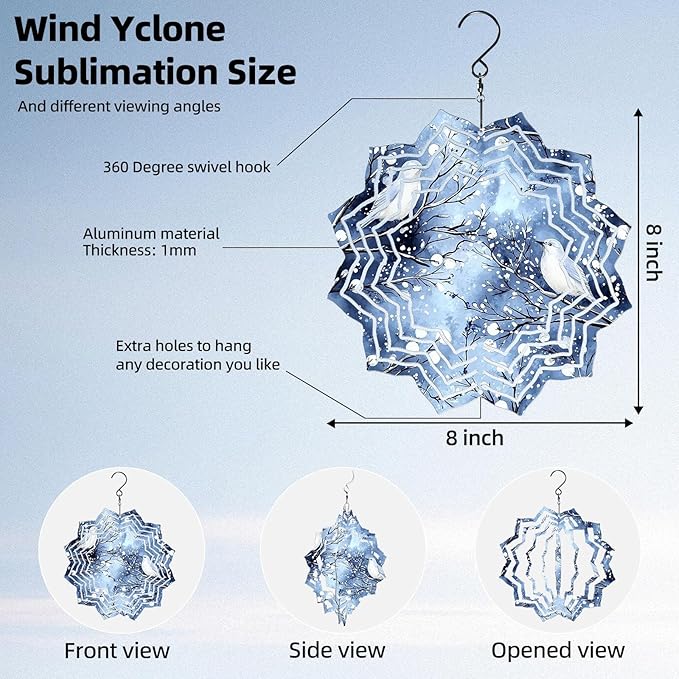 8 Inch Sublimation Wind Spinner, 3D Aluminum Metal Wind Spinner with Hook, Indoor Yard Garden Hanging Decoration, Weather Resistant Rotating Spiral Ornament, Winter Birds on Branches