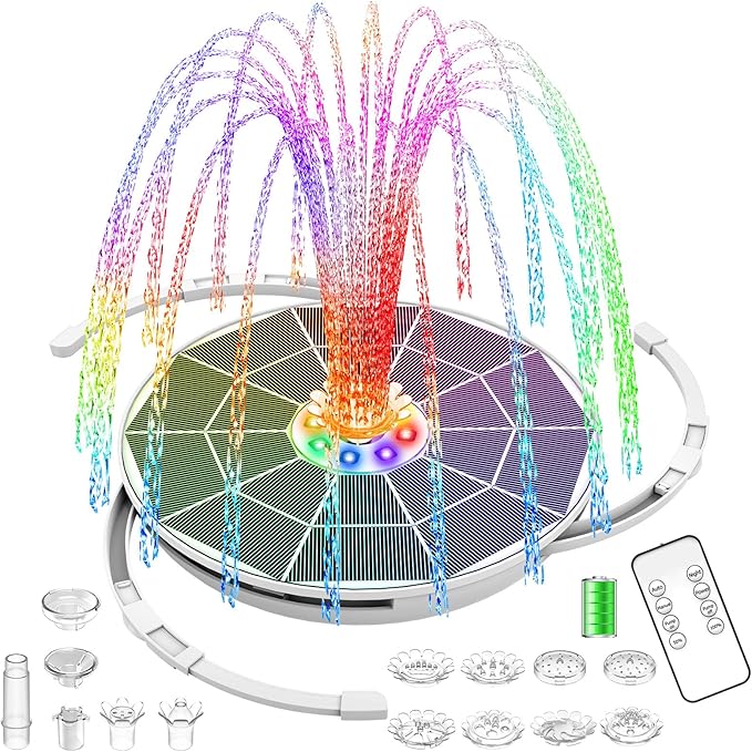AISITIN 6.5W Solar Fountain Pump with Colorful LED Lights, 3000mAh Battery, Anti-Drift Brackets, 10 Nozzles, Remote Control, Solar Powered Bird Bath Fountain for Outdoor Garden Pond Fish Pond Backyard