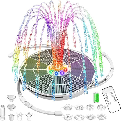 AISITIN 6.5W Solar Fountain Pump with Colorful LED Lights, 3000mAh Battery, Anti-Drift Brackets, 10 Nozzles, Remote Control, Solar Powered Bird Bath Fountain for Outdoor Garden Pond Fish Pond Backyard