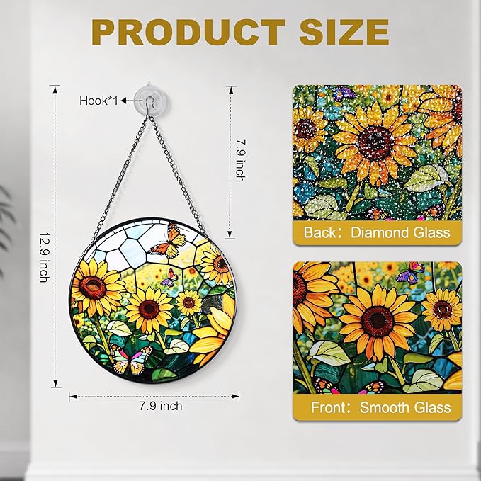 Stained Glass Window Hanging, Sunflowers Suncatcher 7.8 in Sun Catcher Glass Panel Boho Wall Art Decor with Chain Diamond Glass Panel Hangings Scenery Sun Catchers Decor for Lover Couple Mom