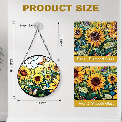 Stained Glass Window Hanging, Sunflowers Suncatcher 7.8 in Sun Catcher Glass Panel Boho Wall Art Decor with Chain Diamond Glass Panel Hangings Scenery Sun Catchers Decor for Lover Couple Mom