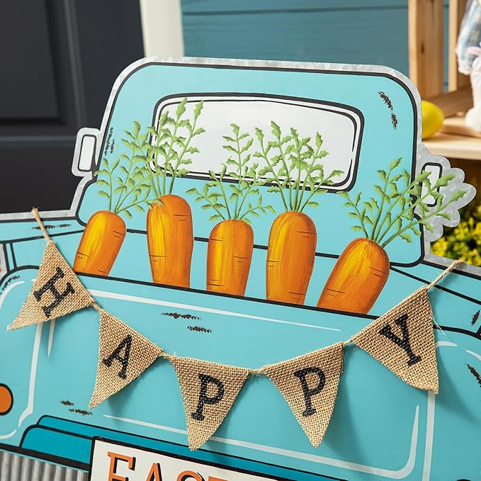 Glitzhome 26"H Easter Metal Truck Yard Stake Standing Lawn Garden Patio Outdoor Sign Wall Decor
