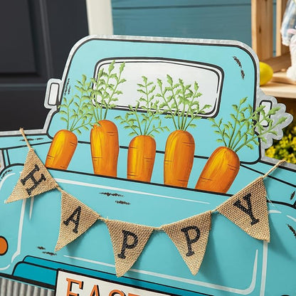 Glitzhome 26"H Easter Metal Truck Yard Stake Standing Lawn Garden Patio Outdoor Sign Wall Decor