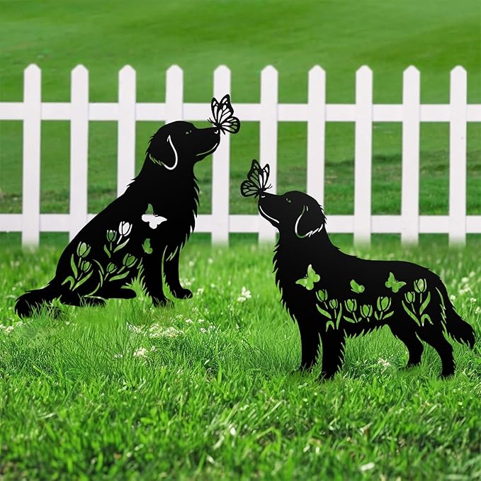 Golden Retriever Metal Decorative Garden Stakes for Memorial Yard Art, Lawn Ornaments,Outside, Patio, Outdoor Decor, Garden Decorations 2 PCS